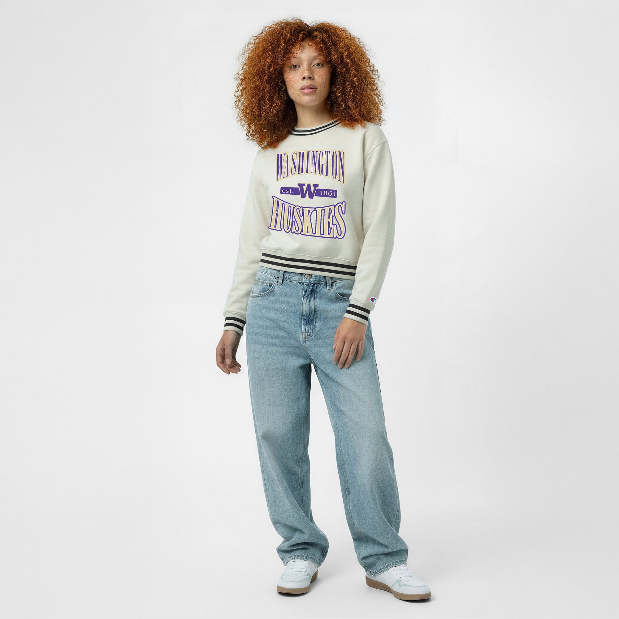 Women's Champion  White Washington Huskies Yarn Dye Rib Reverse Weave Crew Sweatshirt